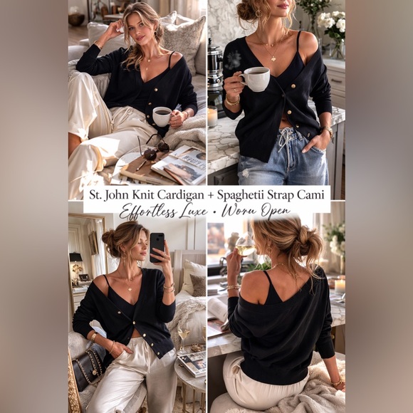 St. John Sweaters - St. John - Black Cardigan & Cami knit set-with Gold Buttons